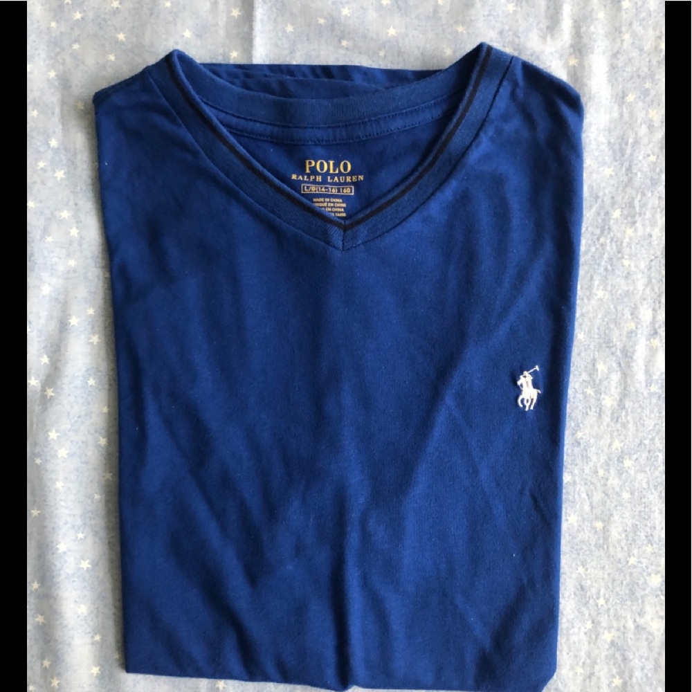 Ralph Lauren in blue V-neck tee. NWOT size L boys
